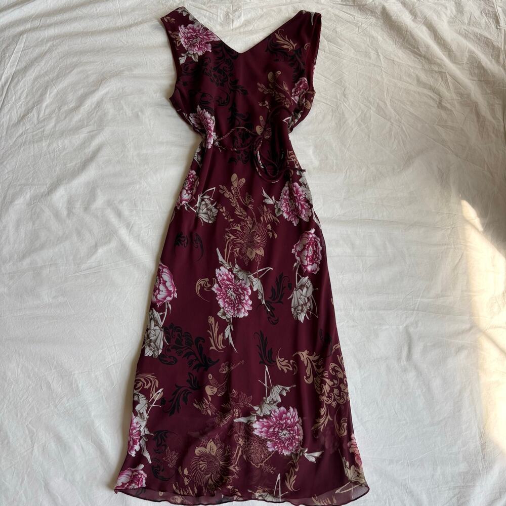 Burgundy Floral Chiffon Midi Dress Y2K Forever 21 - Size Small - Picture 6 of 6
